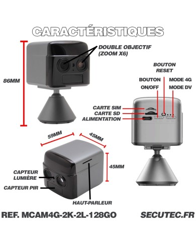 Micro camera 4G Ultra HD Zoom X6 longue autonomie avec détection de mouvement et détection humaine 128Go