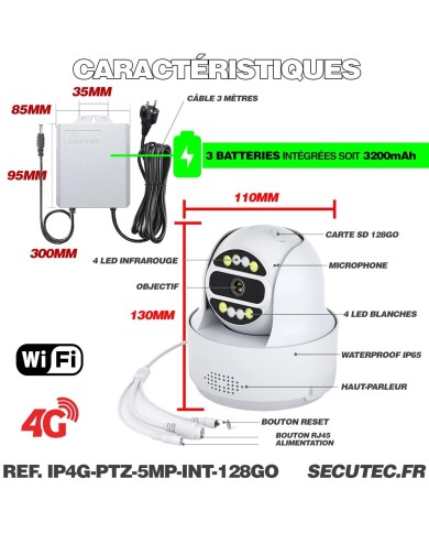 Camera interieure 4G WiFi pilotable UHD 4K detection de mouvement et de presence humaine 128Go