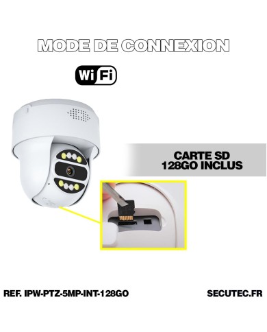 Caméra IP WiFi POE pilotable UHD 5Mpx détection de mouvement et de présence humaine 128Go