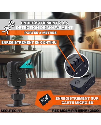 Mini caméra HD 1080P longue autonomie detection de mouvement PIR 128Go