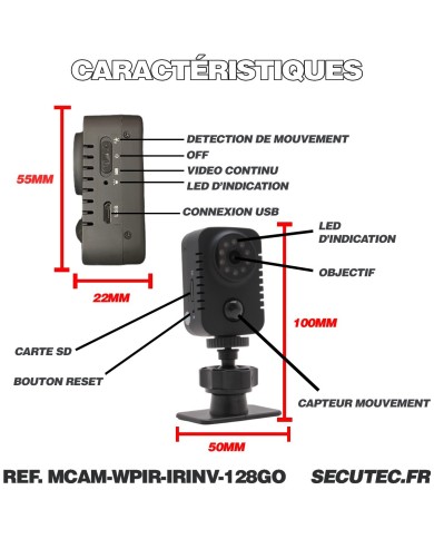 Kit mini caméra HD 1080P longue autonomie waterproof detection de mouvement PIR 128Go