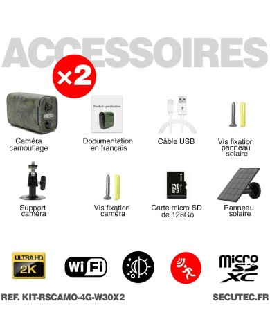 Kit vidéosurveillance camouflage 3G 4G autonome 2 caméras ultra longue autonomie solaires WIFI UHD 2K 128Go