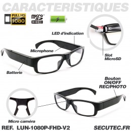 Caméra espion étanche (lunettes UV ensoleillées) avec FULL HD + 16 Go de  mémoire