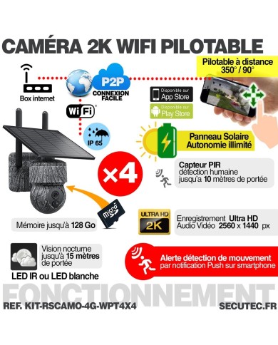 Kit vidéosurveillance camouflage 3G 4G autonome 4 caméras pilotables solaires WIFI 2K
