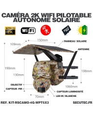 Kit vidéosurveillance camouflage 4G autonome 3 caméras pilotables solaires WIFI 2K 128Go