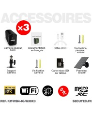 Kit vidéosurveillance 4G autonome 3 caméras solaires WIFI UHD 2K 128Go