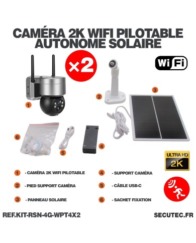Kit vidéosurveillance 3G 4G autonome 2 caméras pilotables solaires WIFI 2K 128Go
