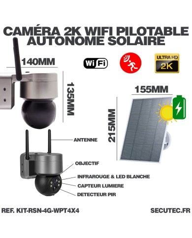 Kit vidéosurveillance 3G 4G autonome 4 caméras pilotables WIFI 2K