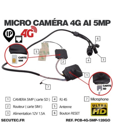 Micro caméra IP 4G à intégrer accès à distance via iPhone Android enregistrement Ultra HD 5MP sur micro SD jusqu'à 128Go