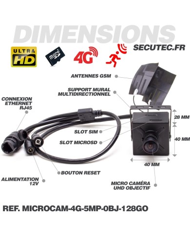 Micro caméra IP 4G à intégrer accès à distance via iPhone Android enregistrement Ultra HD 5MP sur micro SD 128Go avec alerte dét