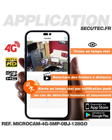 Micro caméra IP 4G à intégrer accès à distance via iPhone Android enregistrement Ultra HD 5MP sur micro SD 128Go avec alerte dét