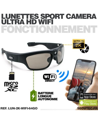 Lunettes caméra sport WiFi Ultra HD 2K enregistrement sur carte microSD 64Go