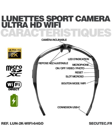 Lunettes caméra sport WiFi Ultra HD 2K enregistrement sur carte microSD 64Go