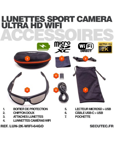 Lunettes caméra sport WiFi Ultra HD 2K enregistrement sur carte microSD 64Go