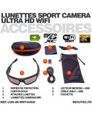 Lunettes caméra sport WiFi Ultra HD 2K enregistrement sur carte microSD 64Go