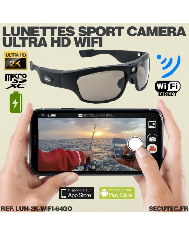 Lunettes caméra sport WiFi Ultra HD 2K enregistrement sur carte microSD 64Go