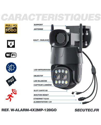Double caméra pilotable WiFi Ultra HD 2K détection AI suivi humain alerte sirène zoom X4 micro SD 128Go