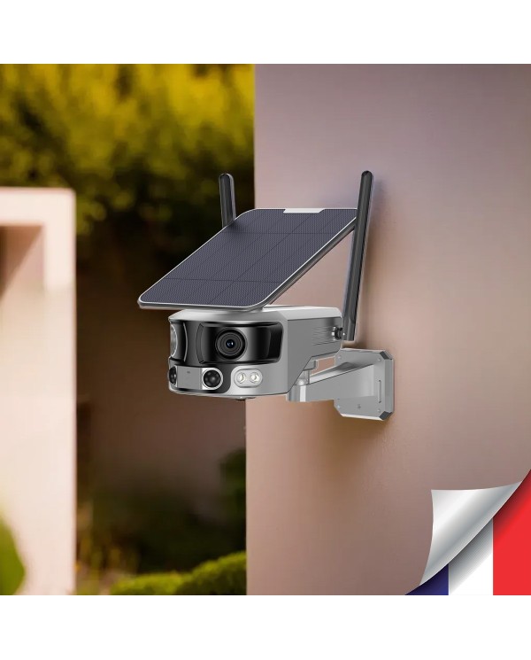 Caméra solaire 4G Ultra grand angle double objectifs UHD 4K 8MP détection de mouvement avec alerte sirène waterproof 128Go