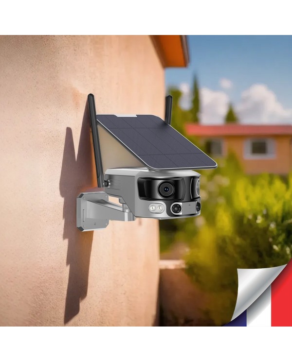 Caméra solaire WiFi Ultra grand angle double objectifs UHD 4K 8MP détection de mouvement avec alerte sirène waterproof 128Go
