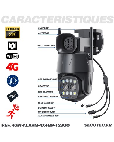 Double caméra pilotable 4G ou WIFI UHD 2K détection AI suivi humain alerte sirène zoom X4 micro SD 128Go