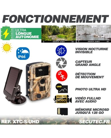 Camera de chasse autonome solaire photo 48 Mpx vidéo audio Full HD vision nocturne invisible étanche IP66