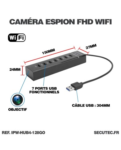 Hub multiprise USB caméra cachée IP WiFi détection de mouvement écoute à distance carte mémoire 128Go incluse