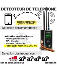 Détecteur professionnel de smartphone GSM 2G 3G 4G 5G avec écran LCD et alerte détection sur sortie alarme relais