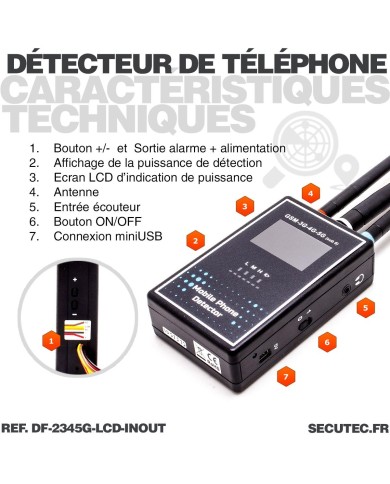 Détecteur professionnel de smartphone GSM 2G 3G 4G 5G avec écran LCD et alerte détection sur sortie alarme relais