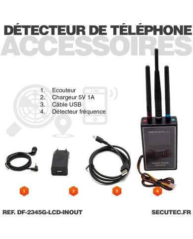 Détecteur professionnel de smartphone GSM 2G 3G 4G 5G avec écran LCD et alerte détection sur sortie alarme relais